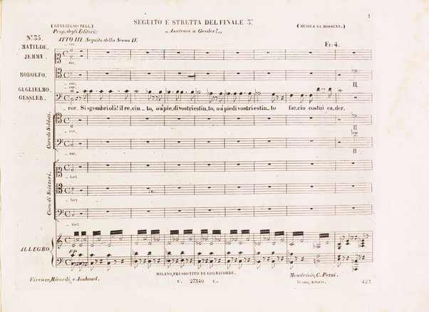 Guglielmo Tell : Melodramma tragico in 4 atti di Jouy ed Ippolito Bis / fatto italiano da Calisto Bassi ; posto in musica da Gioachino Rossini ; riduzione per canto con accomp. di pianoforte
