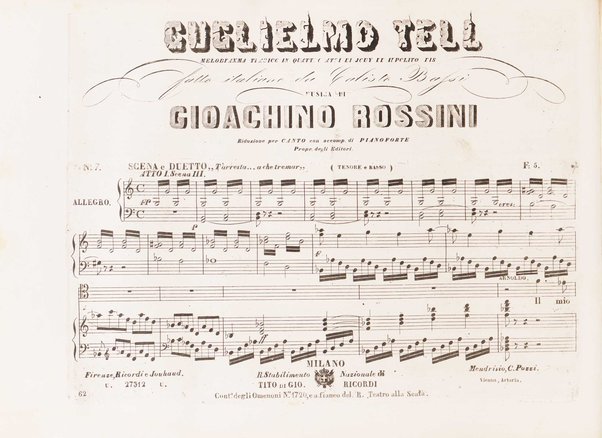 Guglielmo Tell : Melodramma tragico in 4 atti di Jouy ed Ippolito Bis / fatto italiano da Calisto Bassi ; posto in musica da Gioachino Rossini ; riduzione per canto con accomp. di pianoforte