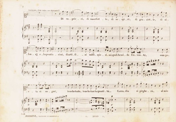 Matilde di Shabran : ossia Bellezza e cuor di ferro : Melodramma giocoso in due atti / di Giacomo Ferretti ; posto in musica da Gioachino Rossini