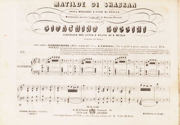Matilde di Shabran : ossia Bellezza e cuor di ferro : Melodramma giocoso in due atti / di Giacomo Ferretti ; posto in musica da Gioachino Rossini