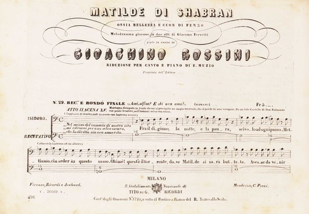 Matilde di Shabran : ossia Bellezza e cuor di ferro : Melodramma giocoso in due atti / di Giacomo Ferretti ; posto in musica da Gioachino Rossini