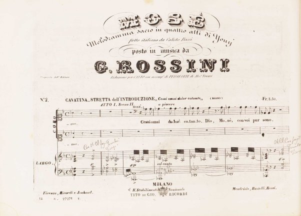 Mosè : melodramma sacro in quattro atti di Jouy, fatto italiano da Calisto Bassi / posto in musica da Gioachino Rossini ; riduzione per canto e pianoforte di A. Truzzi