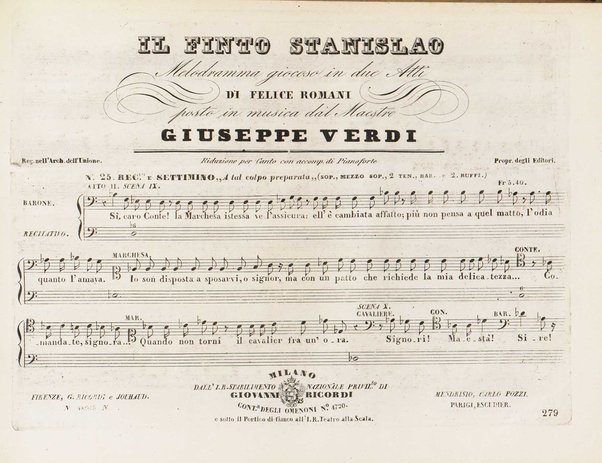Il finto Stanislao / Melodramma giocoso in due atti di Felice Romani ; posto in musica dal maestro Giuseppe Verdi ; Riduzione per canto con accompagnamento di pianoforte dei maestri L. Truzzi, A. Rajneri e C. Dominiceti