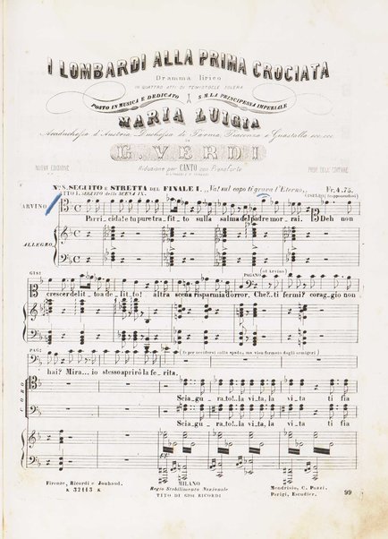 I Lombardi alla prima crociata / Dramma lirico in quattro atti di Temistocle Solera ; posto in musica [...! da G. Verdi ; Riduzione per canto e pianoforte di Luigi Truzzi e P. Tonassi