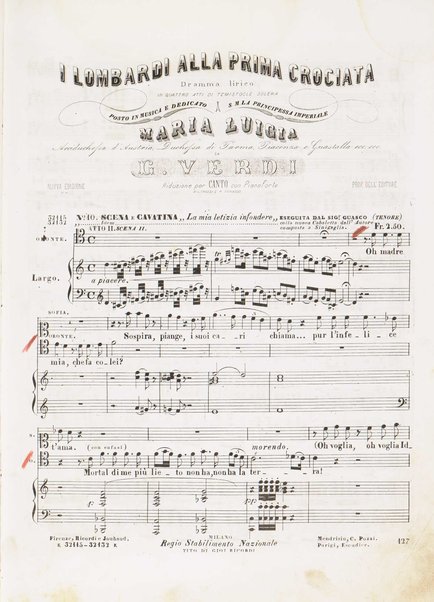 I Lombardi alla prima crociata / Dramma lirico in quattro atti di Temistocle Solera ; posto in musica [...! da G. Verdi ; Riduzione per canto e pianoforte di Luigi Truzzi e P. Tonassi