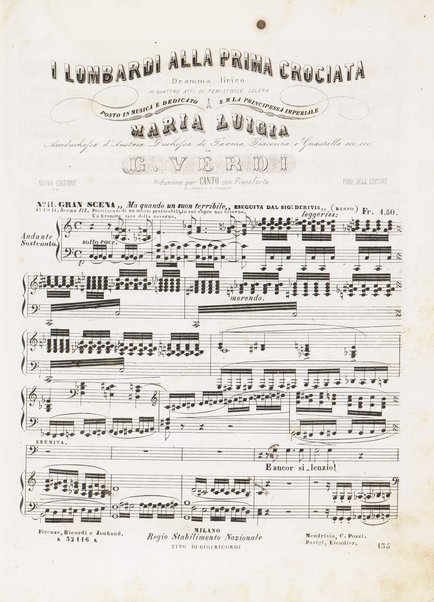 I Lombardi alla prima crociata / Dramma lirico in quattro atti di Temistocle Solera ; posto in musica [...! da G. Verdi ; Riduzione per canto e pianoforte di Luigi Truzzi e P. Tonassi