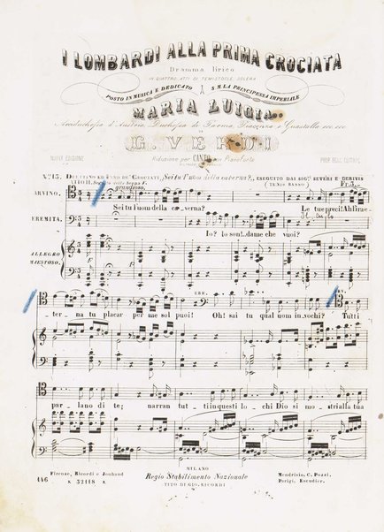 I Lombardi alla prima crociata / Dramma lirico in quattro atti di Temistocle Solera ; posto in musica [...! da G. Verdi ; Riduzione per canto e pianoforte di Luigi Truzzi e P. Tonassi