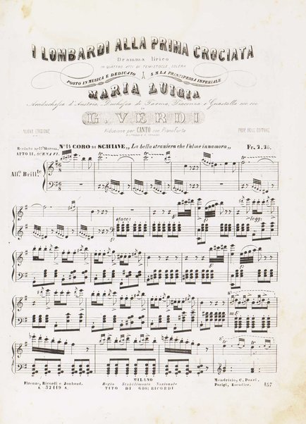 I Lombardi alla prima crociata / Dramma lirico in quattro atti di Temistocle Solera ; posto in musica [...! da G. Verdi ; Riduzione per canto e pianoforte di Luigi Truzzi e P. Tonassi