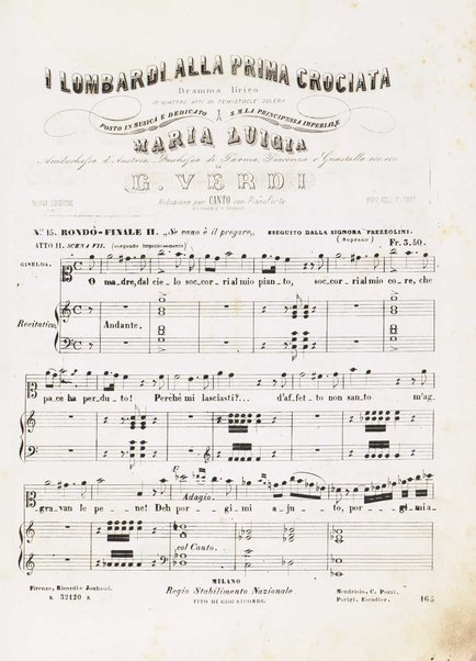 I Lombardi alla prima crociata / Dramma lirico in quattro atti di Temistocle Solera ; posto in musica [...! da G. Verdi ; Riduzione per canto e pianoforte di Luigi Truzzi e P. Tonassi