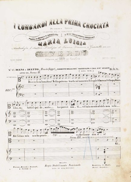 I Lombardi alla prima crociata / Dramma lirico in quattro atti di Temistocle Solera ; posto in musica [...! da G. Verdi ; Riduzione per canto e pianoforte di Luigi Truzzi e P. Tonassi