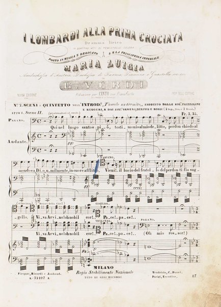 I Lombardi alla prima crociata / Dramma lirico in quattro atti di Temistocle Solera ; posto in musica [...! da G. Verdi ; Riduzione per canto e pianoforte di Luigi Truzzi e P. Tonassi