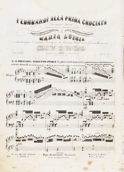I Lombardi alla prima crociata / Dramma lirico in quattro atti di Temistocle Solera ; posto in musica [...! da G. Verdi ; Riduzione per canto e pianoforte di Luigi Truzzi e P. Tonassi