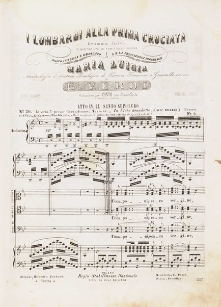 I Lombardi alla prima crociata / Dramma lirico in quattro atti di Temistocle Solera ; posto in musica [...! da G. Verdi ; Riduzione per canto e pianoforte di Luigi Truzzi e P. Tonassi