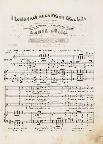 I Lombardi alla prima crociata / Dramma lirico in quattro atti di Temistocle Solera ; posto in musica [...! da G. Verdi ; Riduzione per canto e pianoforte di Luigi Truzzi e P. Tonassi