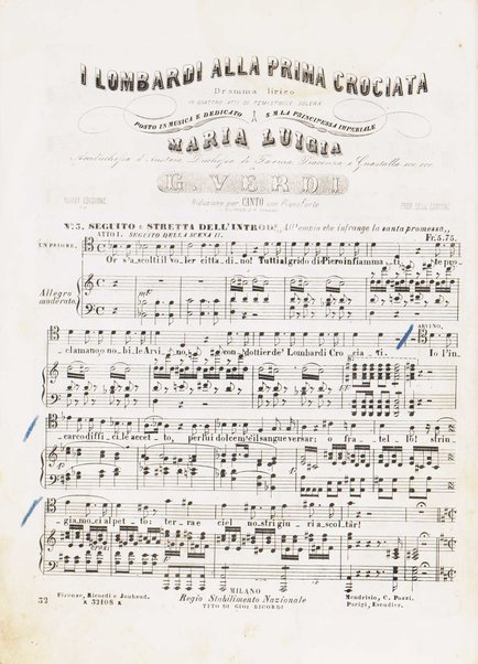 I Lombardi alla prima crociata / Dramma lirico in quattro atti di Temistocle Solera ; posto in musica [...! da G. Verdi ; Riduzione per canto e pianoforte di Luigi Truzzi e P. Tonassi