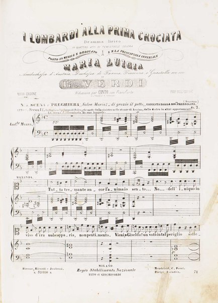 I Lombardi alla prima crociata / Dramma lirico in quattro atti di Temistocle Solera ; posto in musica [...! da G. Verdi ; Riduzione per canto e pianoforte di Luigi Truzzi e P. Tonassi