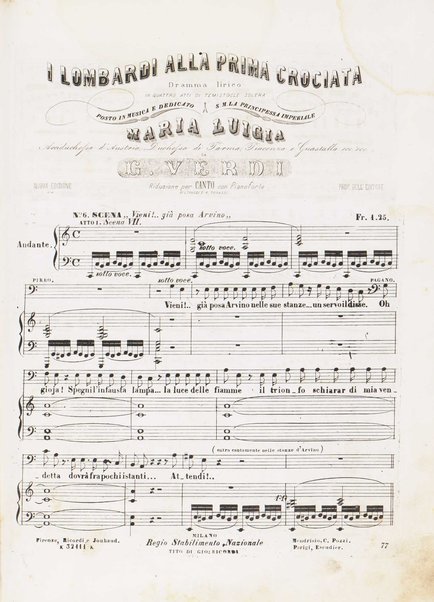 I Lombardi alla prima crociata / Dramma lirico in quattro atti di Temistocle Solera ; posto in musica [...! da G. Verdi ; Riduzione per canto e pianoforte di Luigi Truzzi e P. Tonassi
