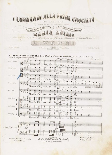I Lombardi alla prima crociata / Dramma lirico in quattro atti di Temistocle Solera ; posto in musica [...! da G. Verdi ; Riduzione per canto e pianoforte di Luigi Truzzi e P. Tonassi