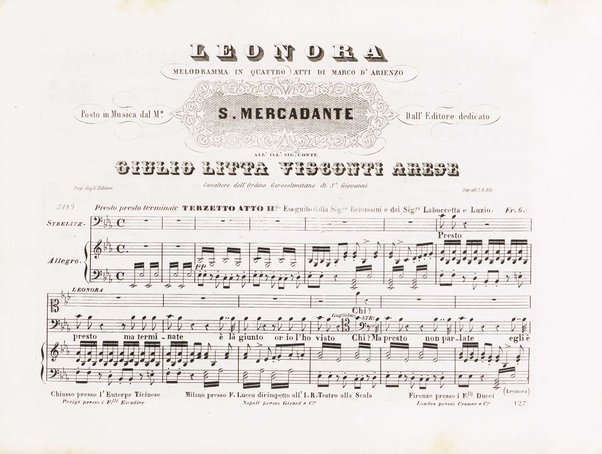 Leonora : Melodramma in quattro atti / di Marco d'Arienzo ; posto in musica del M.° S. Mercadante