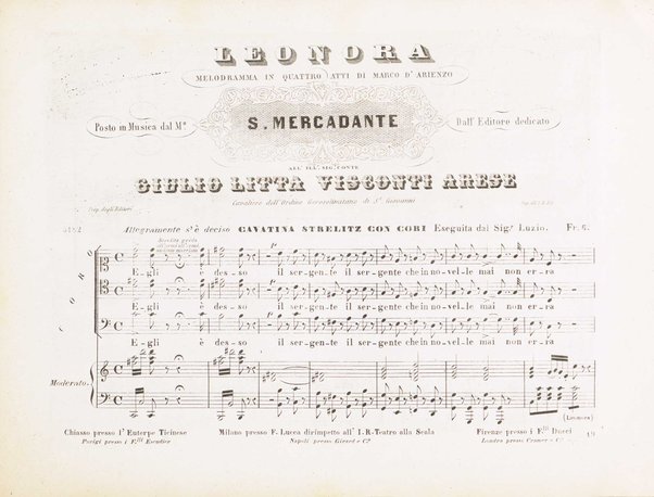 Leonora : Melodramma in quattro atti / di Marco d'Arienzo ; posto in musica del M.° S. Mercadante