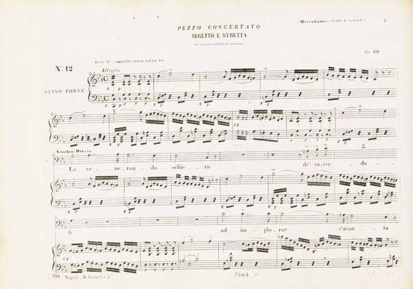 Orazi e Curiazi : tragedia lirica in 3 atti / di S. Cammarano ; posta in musica pel R. Teatro di S. Carlo (ov'è stata rappresentata al 10 Novembre 1846) dal maestro Saverio Mercadante