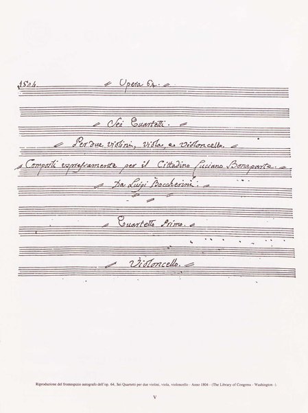 Quartetto primo (G. 248) e quartetto secondo (G. 249 incompleto) per due violini viola e violoncello dai Sei quartetti op. 64 (incompiuta) / Luigi Boccherini ; a cura di Aldo Pais