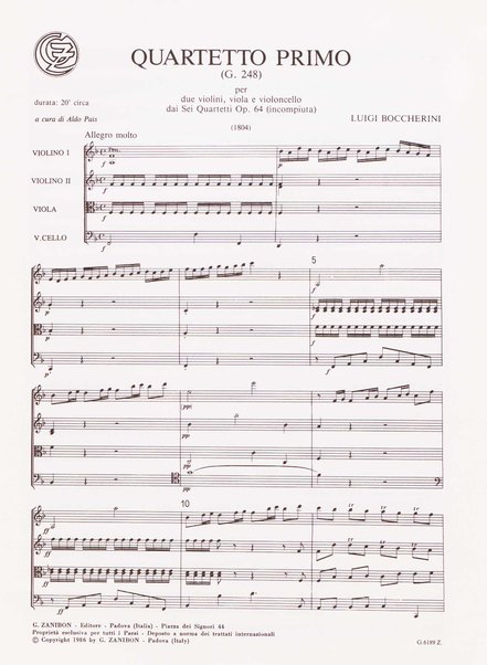 Quartetto primo (G. 248) e quartetto secondo (G. 249 incompleto) per due violini viola e violoncello dai Sei quartetti op. 64 (incompiuta) / Luigi Boccherini ; a cura di Aldo Pais