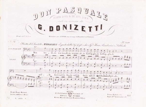 Don Pasquale : dramma buffo in 3 atti / di M. A. ; posto in musica da Gaet.o Donizetti ; riduzione per pianoforte e canto di T. Labarre