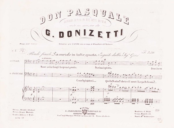 Don Pasquale : dramma buffo in 3 atti / di M. A. ; posto in musica da Gaet.o Donizetti ; riduzione per pianoforte e canto di T. Labarre