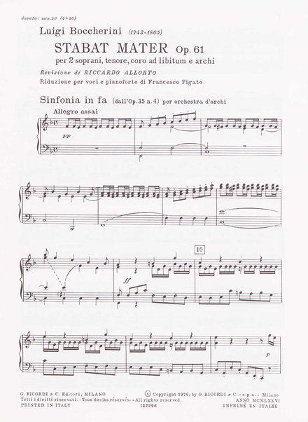 Stabat mater, op. 61 : per 2 soprani, tenore, coro ad libitum e archi : testi latino e inglese / versione inglese di Geoffrey Dunn ... ; canto e pianoforte ... Riccardo Allorto