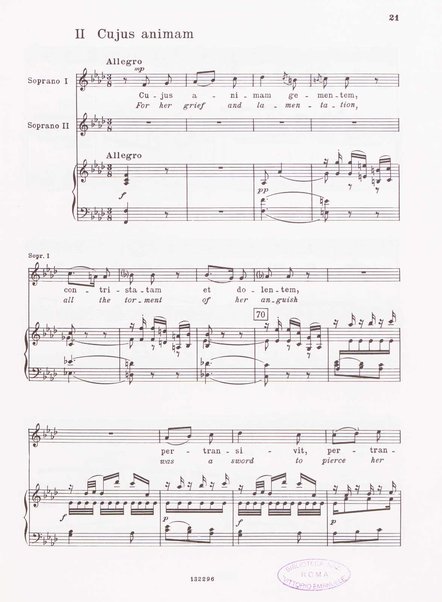 Stabat mater, op. 61 : per 2 soprani, tenore, coro ad libitum e archi : testi latino e inglese / versione inglese di Geoffrey Dunn ... ; canto e pianoforte ... Riccardo Allorto