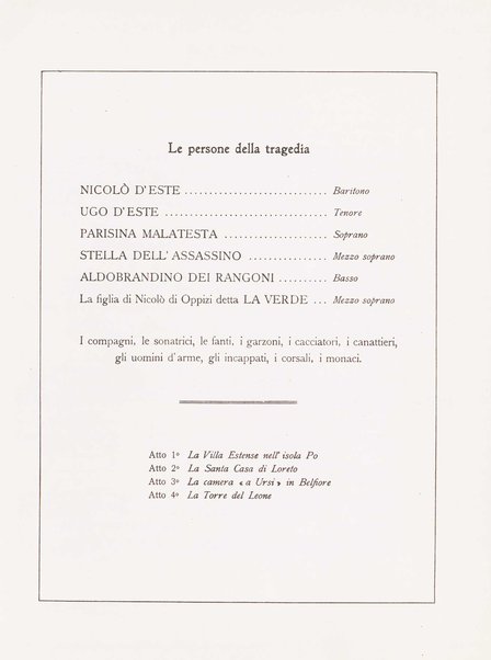 Parisina / tragedia lirica in quattro atti di Gabriele D'Annunzio ; musicata da Pietro Mascagni ; riduzione per canto e pianoforte