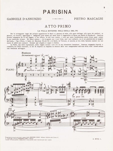 Parisina / tragedia lirica in quattro atti di Gabriele D'Annunzio ; musicata da Pietro Mascagni ; riduzione per canto e pianoforte
