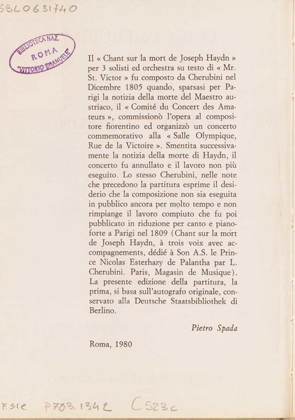 Chant sur la mort d'Haydn / Luigi Cherubini ; a cura di Pietro Spada