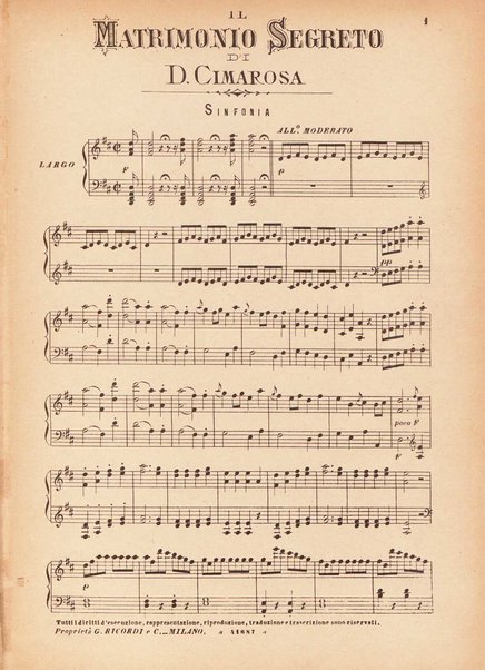 Il matrimonio segreto : melodramma giocoso in due atti / D. Cimarosa ; opera completa per canto e pianoforte