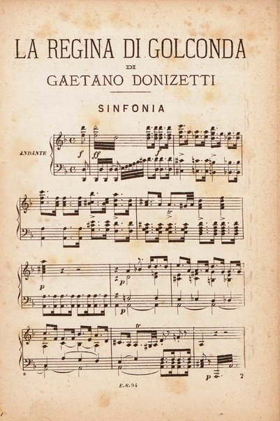 La regina di Golconda : melodramma in due atti / di Gaetano Donizetti ; per pianoforte solo