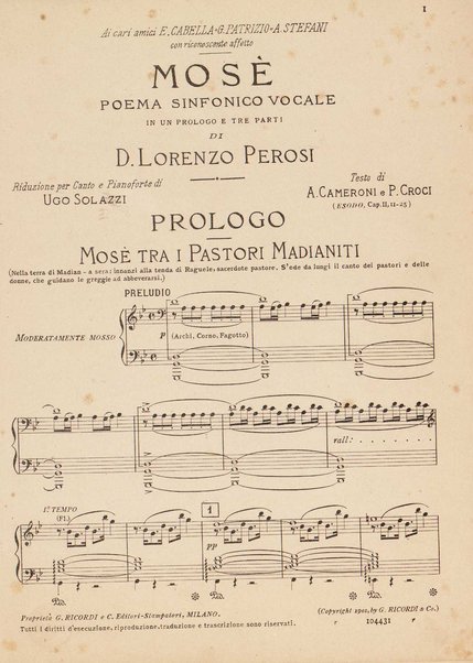 Mosé : poema sinfonico-vocale in un prologo e tre parti / testo di A. Cameroni e P. Croci ; musica di D. Lorenzo Perosi ; riduzione per canto e pianoforte di Ugo Solazzi