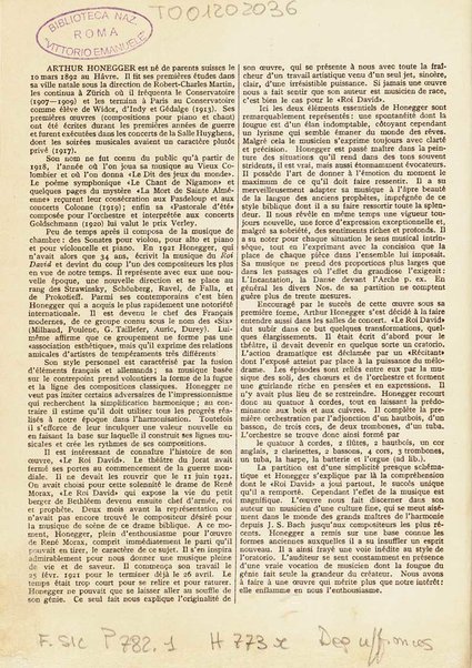Le Roi David : psaume symphonique en trois parties / Arthur Honegger ; d'après le drame de René Morax