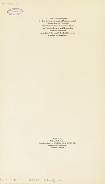 Passio Domini nostri J.C. secundum evangelistam Matthaeum / Johann Sebastian Bach ; [introduzione di Karl-Heinz Köhler]