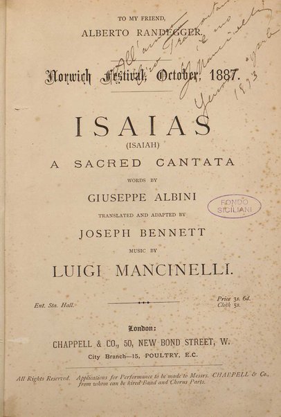 Isaias : a sacred cantata / words by Giuseppe Albini ; translated and adapted by Joseph Bennett ; music by Luigi Mancinelli