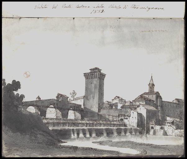 Veduta del Ponte Cartara e della Chiesa di Fermignano 1852 / Tancredi Liverani