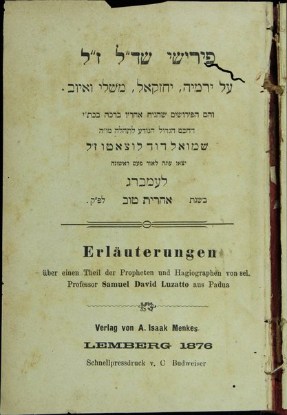 Perushe Shadal : ʻal Yirmiyahu, Yeḥezkel, Mishle, ve-Iyov ... = Erläuterungen über einen Theil der Propheten und Hagiographen.