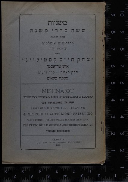 Mishnayot : shishah sidre Mishnah be-niḳud ha-otiyot / meturgamim Iṭalḳit ʻim mavo ṿe-heʻarot melekhet Yitsḥaḳ Ḥayim Ḳasṭilyoni = Mishnaiot : testo ebraico punteggiato con traduzione italiana ...