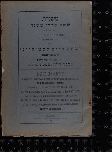 Mishnayot : shishah sidre Mishnah be-niḳud ha-otiyot / meturgamim Iṭalḳit ʻim mavo ṿe-heʻarot melekhet Yitsḥaḳ Ḥayim Ḳasṭilyoni = Mishnaiot : testo ebraico punteggiato con traduzione italiana ...