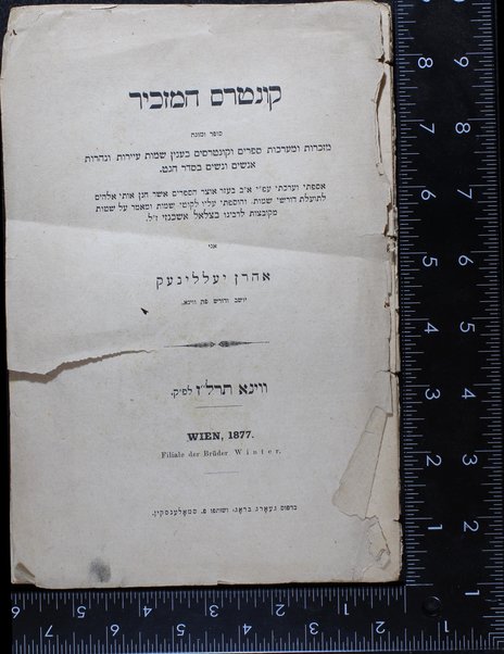 Ḳunṭres ha-mazkir : sofer u-moneh mazkarot u-maʻarakhot sefarim ... be-ʻinyan shemot ʻayarot ... anashim ṿe-nashim be-seder ha-Geṭ / asafti ṿe-ʻarakhti ... ani Aharon Yellineḳ.