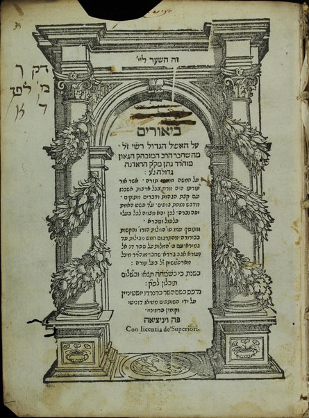 Beʼurim ʻal ha-eshel ha-gadol Rashi, zal mah she-ḥiber ... Natan mi-ḳ. ḳ. Horodnah ... ʻal Ḥamishe Ḥumshe Torah ... ṿe-nitṿasef ʻimo pe ha-milot ha-zaro ṿe-haḳashot ... she-ḣiber ... Mikhl mi-Arpaṭshiḳ ...