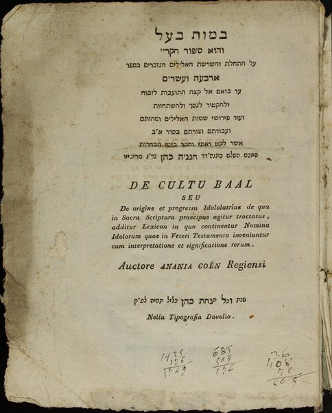 Bamot Baʻal : ṿe-hu sipur ḥikriyi ʻal hatḥalat ṿe-hasrashat ha-elilim ha-nizkarim be-sefer Arbaʻah ṿe-eśrim ... = De cultu Baal ... / asher liḳet ṿe-asaf ṿe-ḥiker ... Ḥananyah Kohen me-Regyo ... = De cultu Baal ...