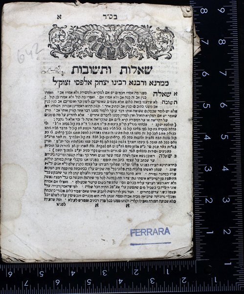 Sefer she'elot u-teshuvot le-marana ṿe-rabana rabenu Yitsḥaḳ Alfasi ... : shalosh me'ot ṿe-'eśrim pisḳe dinim ... / huv'u le-vet ha-defus 'a. y. ... Yehudah Leyb Ashkenazi.