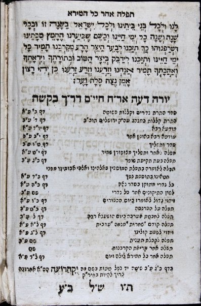 Sefer Derekh ḥayim : ... kolel seder hatarat nedarim ṿe-hatarat ḳelalot ke-minhag ... Yerushalayim ... ṿe-seder ṿe-Tashlikh u-tefilah ... mi-s. ... Tsiporen shamir ... u-tefilah le-musaf R.h. [Rosh ha-shanah] ... u-tefilah li-teḳiʻat shofar u-tefilah le-ḥavaṭat ha-ʻaravah be-yom Hoshaʻna raba ... / naḳud u-mugah u-mesudar me-ish tsaʻir Shemuʼel b.k.mo.ha-r. R. Mosheh Hakohen.