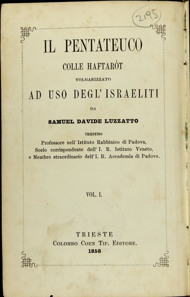 Ḥamishah ḥumshe Torah : ʻim ha-hafṭarot ʻim tirgum Italḳi / melekhet Shemuʼel Daṿid Lutsaṭo ...